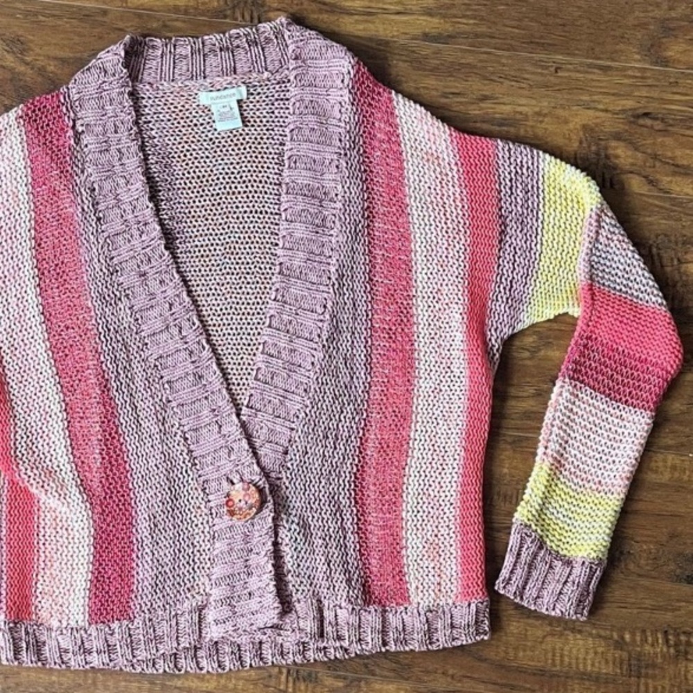 Sweater SUNDANCE Cardigan Colorful Stripes Cotton Linen Pink Yellow Size Medium